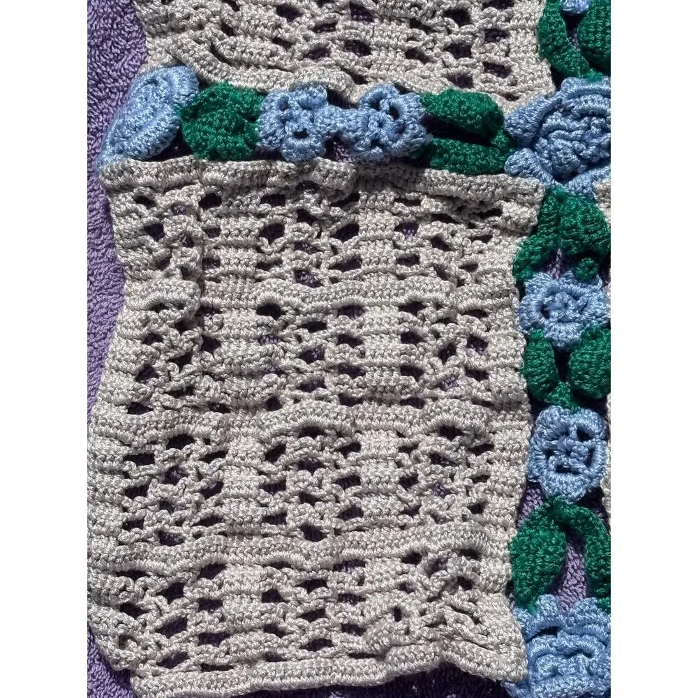 Handmade Crotchet Granny Square Vintage Cottage Core Blue Flowers 11x13